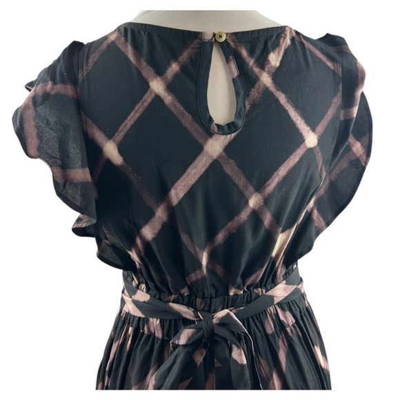 The Odells Seville Ruffle Maxi Dress Printed Tie Belt Pockets Black Size Small - Picture 16 of 16